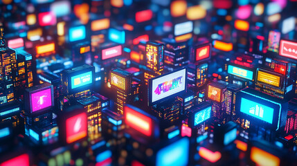 A futuristic city landscape, composed of glowing, colorful digital billboards.