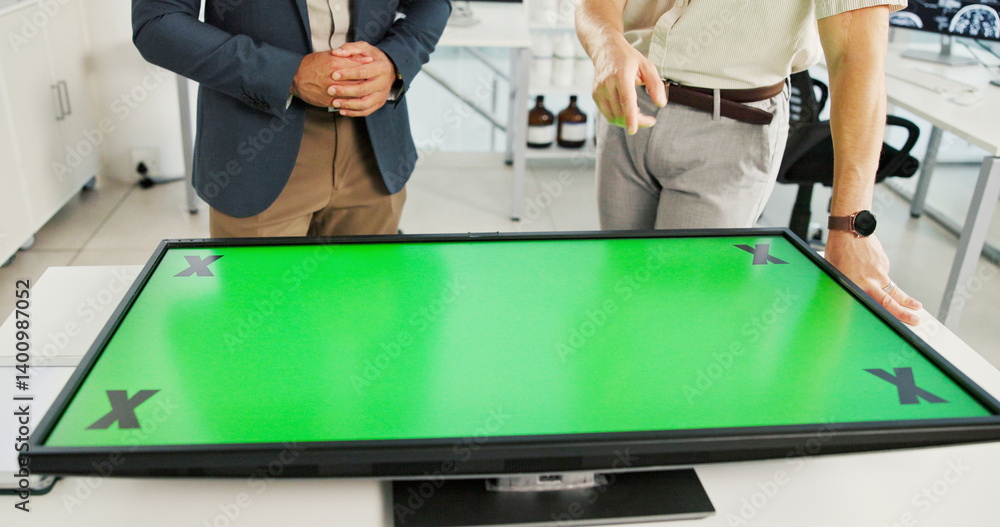 Poster hands, business and people with green screen in office for information, medical proposal and feedbac