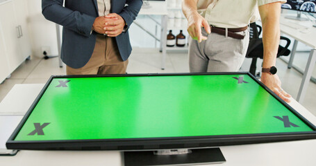 Hands, business and people with green screen in office for information, medical proposal and...
