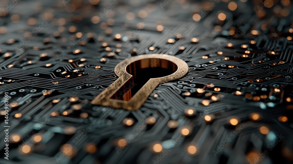 Poster circuit board security, key to protecting technology and data access closeup