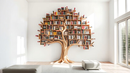 Tree shaped bookshelf filled with colorful books in a minimalist room, celebrating imagination and knowledge on World Book Day.