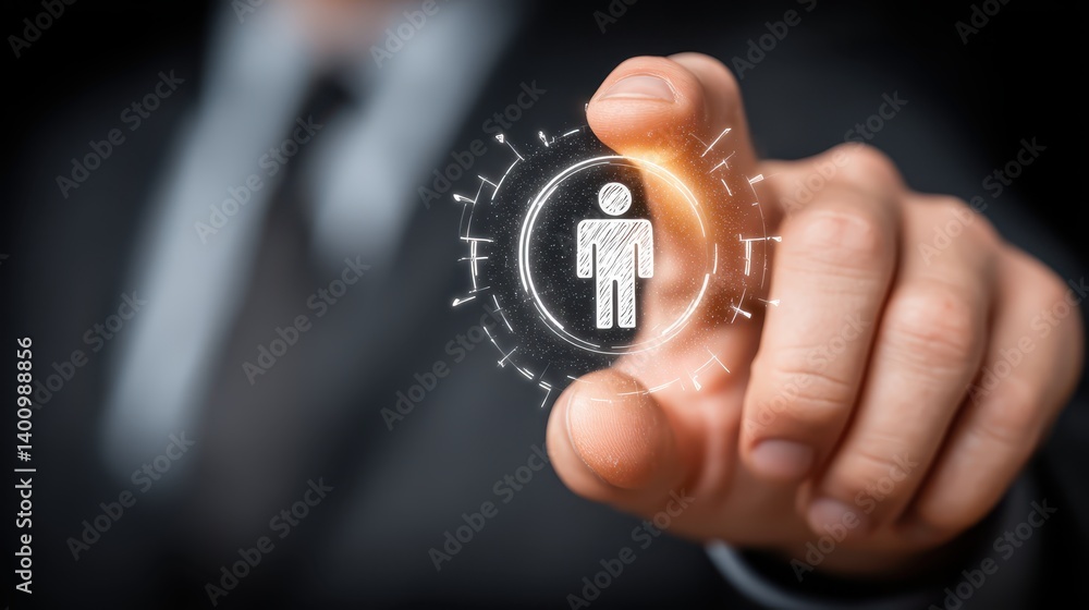 Aufkleber hand holding button with person icon, access control, connection, and user interface concept in mode