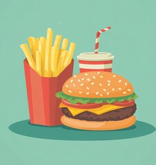 fast food box with burger fries and drink on pastel background