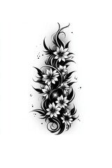 Monochrome delicate floral branch, intricate, featuring two prominent flowers and smaller supporting blooms, on a white area