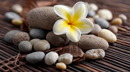 Plumeria Flower and Stones on Bamboo Mat for Spa Concept