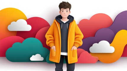 Stylish man in yellow coat posing against a vibrant and colorful backdrop in fashionable urban setting