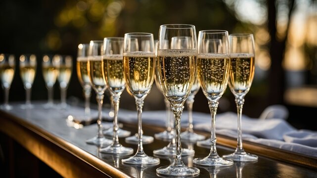 Champagne glasses lined on a bar ready for a festive toast at sunset outdoor celebration