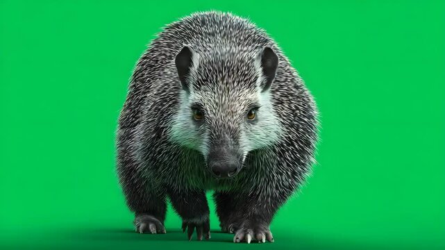 A detailed close-up of a realistic hedgehog walking on a bright green background
