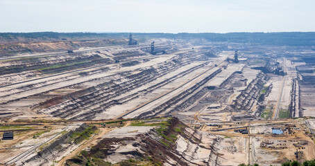 View over the Hambach mine, a huge open-pit coal mine in North Rhine-Westphalia, west of Germany, operated by RWE and used for mining lignite.