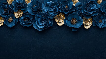 Obraz premium Blue and gold flower arrangement with a blue background. The flowers are arranged in a way that they look like they are blooming. The blue background gives the flowers a sense of depth