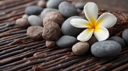 Fototapeta premium Plumeria Flower with Water Droplets and Stones on Wood Sticks