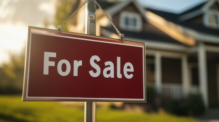 House For Sale: Real Estate Sign in Front of a Suburban Home