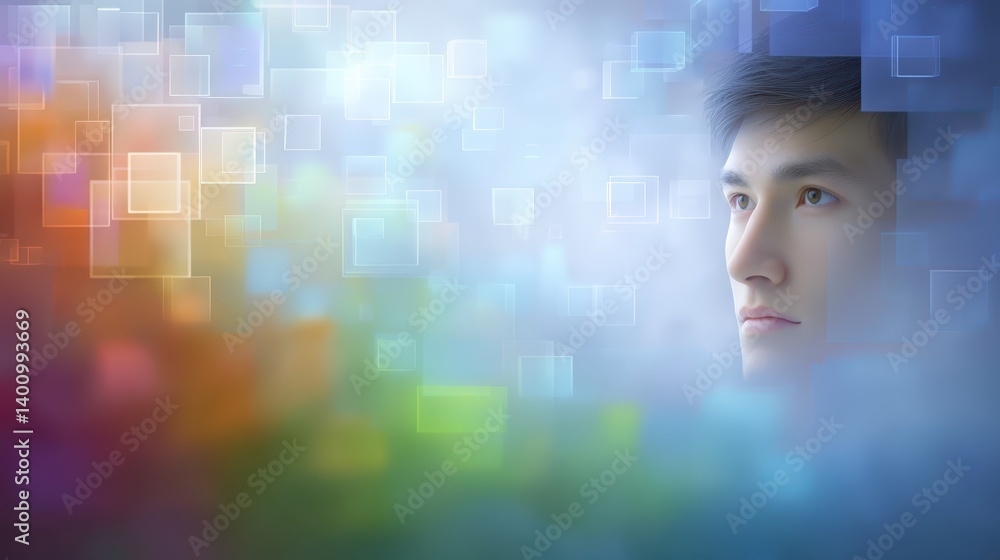Poster man in vibrant colorful backdrop, portrait of modern style and artistic expression
