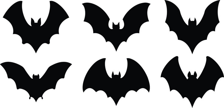 Black bat silhouettes, Halloween icons, flying bats, spooky creatures, gothic design, vampire motif, nocturnal animals, wing patterns, eerie shadows, batcave inhabitants, horror elements
