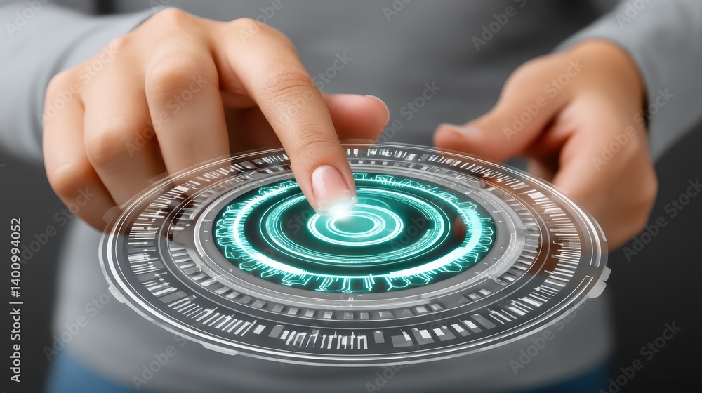Poster finger activating a button, human interaction with technology, control, and access in digital interf