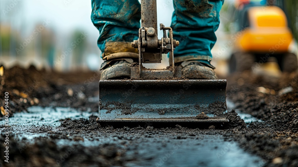 Poster a worker using a compactor to level and compact ground.
