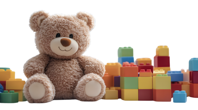 Toy Bear with Building Blocks and Toys - Fun and Colorful Playtime Concept on White Background - Powered by Adobe