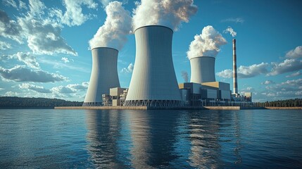 Nuclear power plant reflecting in water with dramatic sky backdrop scene