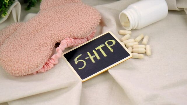 5-HTP sleep supplement capsules. Selective Focus.