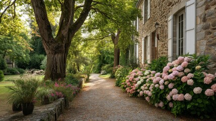 Blooming hydrangeas in a serene garden, lush greenery under soft sunlight. Peaceful countryside charm and natural beauty.