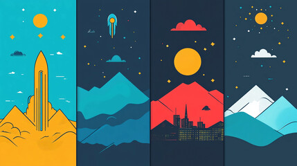 Minimalist landscape vector art illustration set with rocket city mountains and space exploration scenes