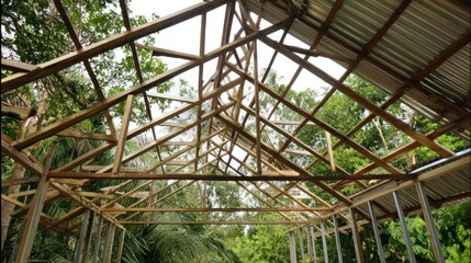Building Construction with Wooden Frame and Greenery Background Outside Setting
