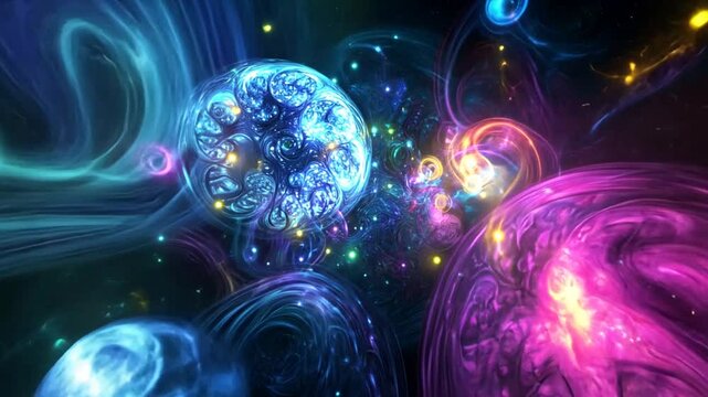 Colorful abstract fractal art depicting swirling shapes and luminous orbs in a cosmic scene