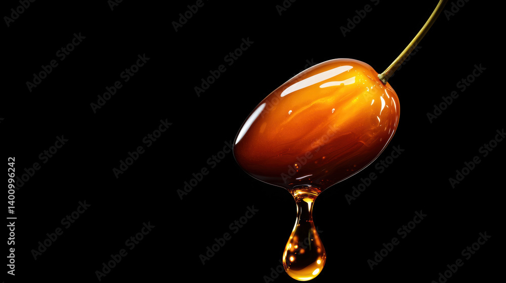 Aufkleber hyperrealistic floating date fruit with droplets, showcasing its glossy texture and rich color