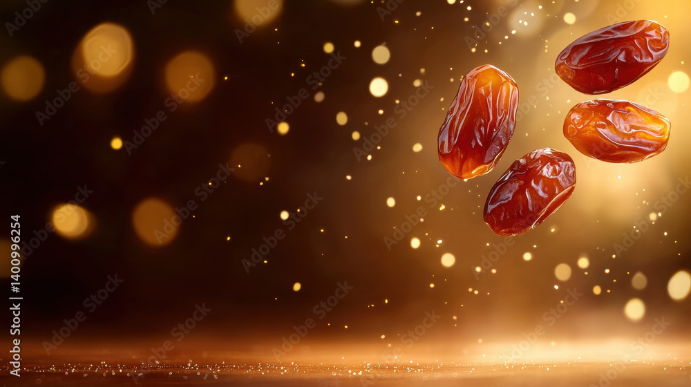 Aufkleber handful of glossy dates levitating in weightless environment, creating magical atmosphere
