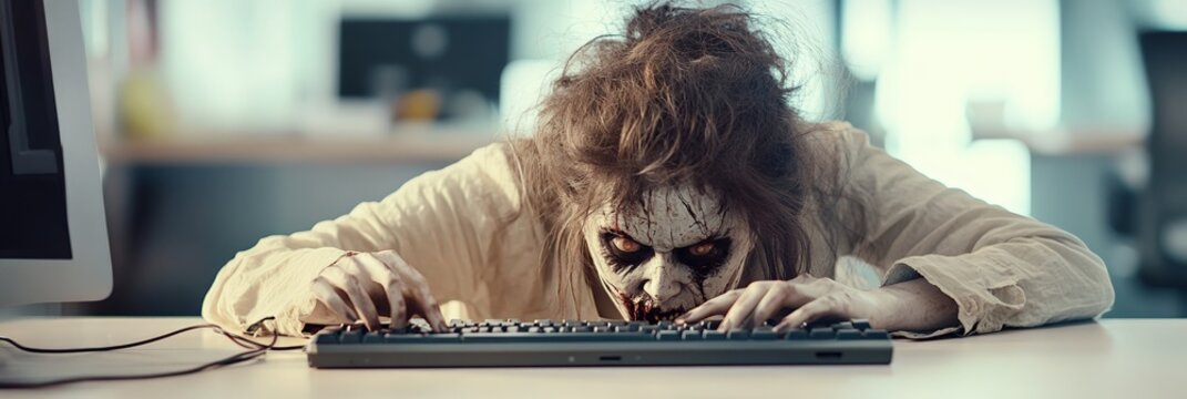 Spooky undead woman with bloody face and messy hair leaning over keyboard and typing, working in office even during zombie apocalypse, post apocalyptic horror scene