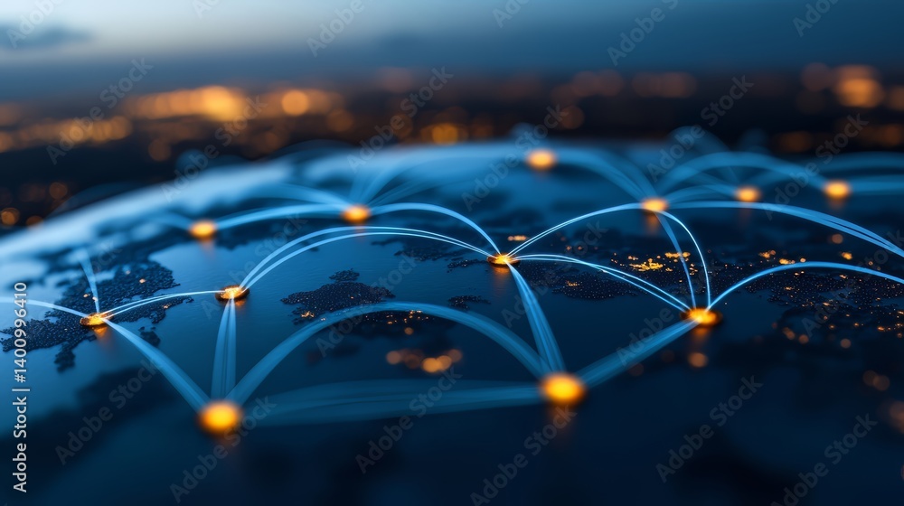 Aufkleber Blue and orange globe with a network of lines connecting it. The globe is lit up with a blue and orange glow, giving it a futuristic and technological feel