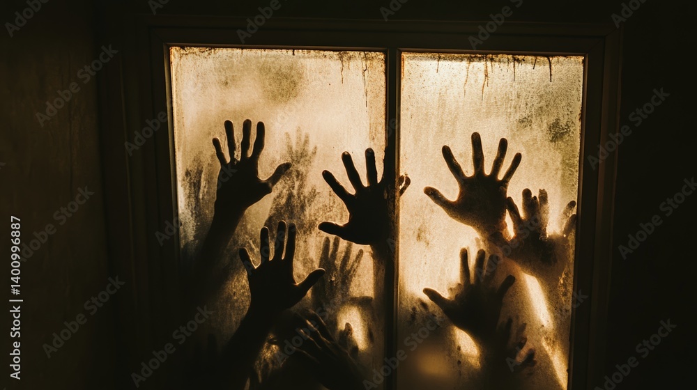 Poster dirty hands of infected zombies pressing against a grimy window in an abandoned house, capturing the