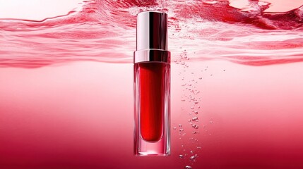 Red lipstick bottle immersed in rose colored water with bubbles