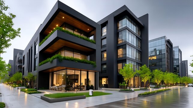 A modern architectural complex features sleek dark buildings with expansive glass windows, lush greenery on balconies, and a well-maintained tree-lined walkway, blending urban sophistication with natu