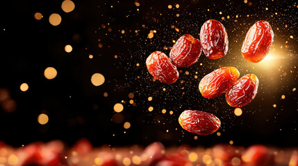 Fototapeta premium Floating dates gently rotating in mid air, surrounded by sparkling lights and warm glow