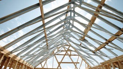 House Construction Framing with Steel and Wooden Beams Against Blue Sky
