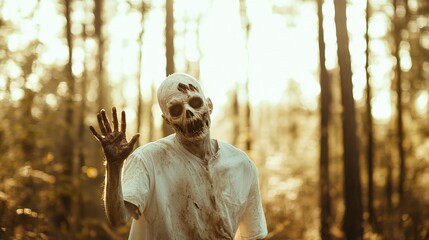 Creepy undead with decaying skin waving hand in spooky forest during sunset, representing post apocalyptic survival horror and zombie outbreak