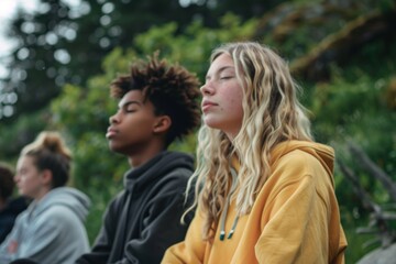 A group of teenagers practicing mindfulness meditation, demonstrating positive methods to manage stress and anxiety,