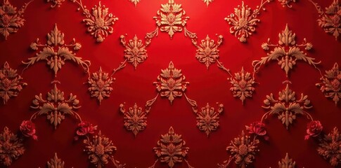 Elegant damask design on red wallpaper with gold accents and intricate details, classic, ornate