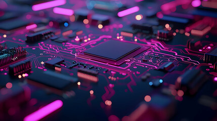 Close Up Of High Tech Circuit Board With Glowing Pink Lines
