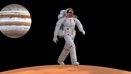 astronaut walking on mars with jupiter planet © Masihullah