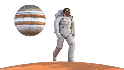 astronaut walking on mars with jupiter planet