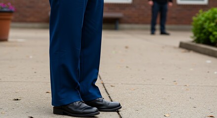 Person in Blue Trousers and Black Shoes Standing Outdoors