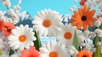 Vibrant Floral Arrangement with Mountains and Blue Sky Background