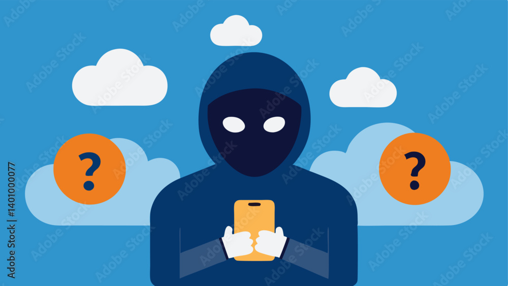 Poster masking identity a masked figure with a smiley face icon holding a smartphone surrounded by a cloud 