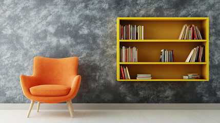 Modern interior with vibrant orange chair and bookshelf Generative AI