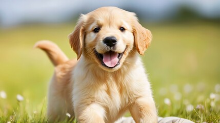 Cute Golden Retriever Puppy Playing in Lush Green Field Outdoors