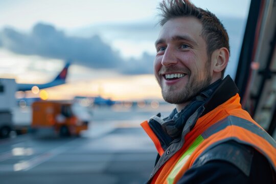 A male airport worker smiles confidently on the tarmac, showcasing safety and teamwork