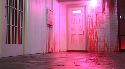 Eerie Atmosphere with Pink Lighting and Blood Stains on Wall