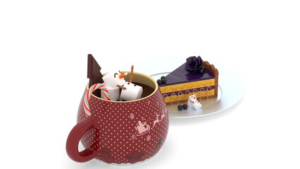 chocolate cup and cake with  marshmallow snowman